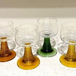 Set of 4 MCM Etched Cocktail Glasses German Roemer 3 Gold Color 1 Green Barware